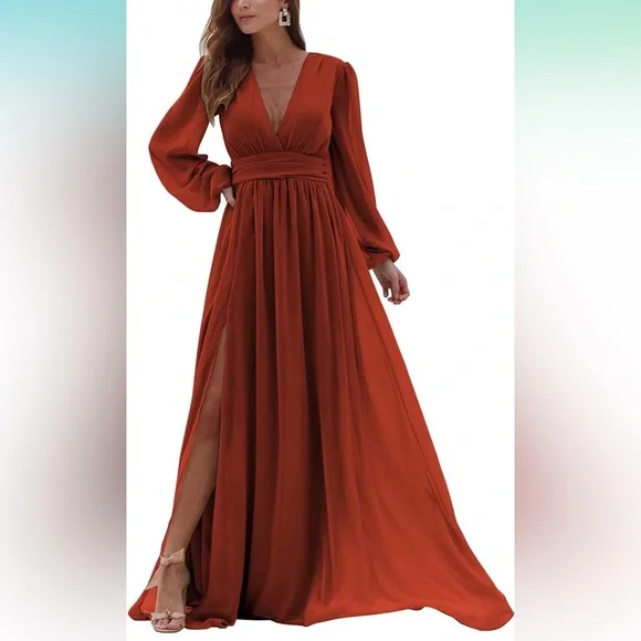 Dresses | Rust V Neck Long Sleeve Bridesmaid Dresses With Slit Chiffon  Ruched A Line | Poshmark